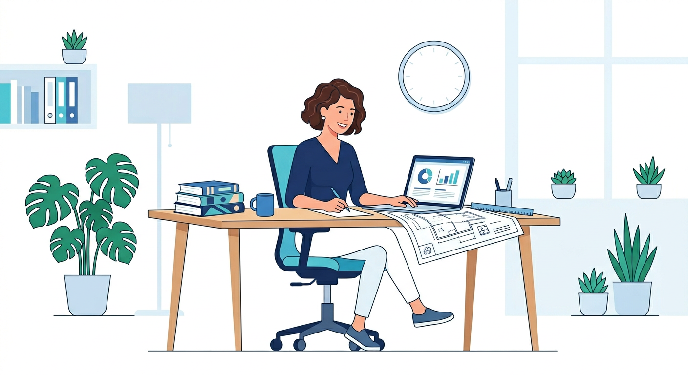 Firefly_Gemini Flash_フラットデザインのビジネスイラスト。オフィスで自由に働く専門職の人物。時計の針が消えており、代わりにデスク上にノートPC、設計図、本が並んでいる。人物は余裕のある表情で作 646056.png