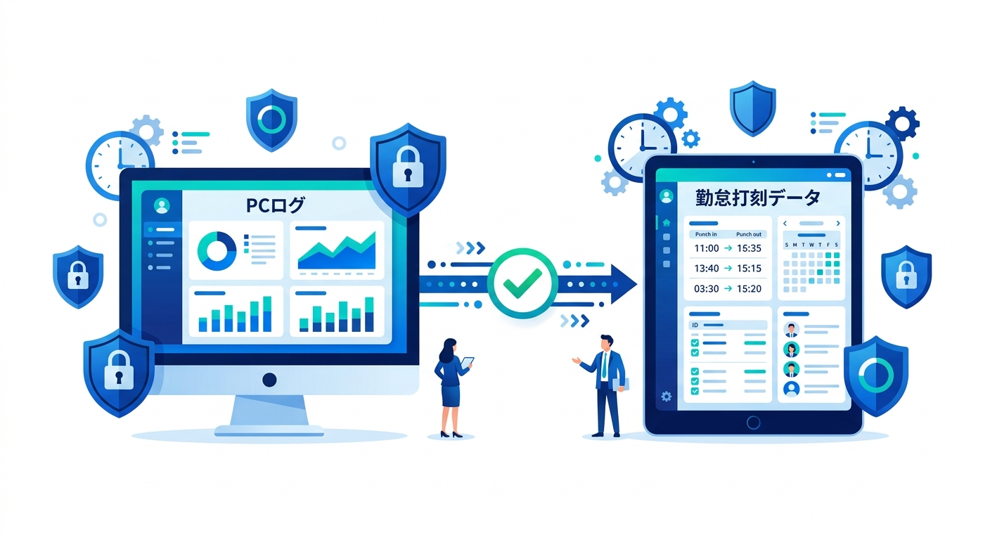 Firefly_Gemini Flash_フラットデザインのビジネスイラスト。左側にPC画面（PCログを示すグラフ）、右側にタブレット画面（勤怠打刻データ）。両者が中央で接続線でつながり、チェックマークが表示され 169288.png