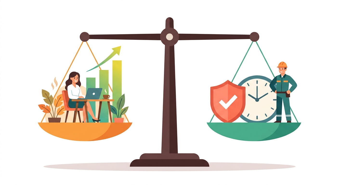 Firefly_Gemini Flash_ フラットデザインのビジネスイラスト。中央にダークブラウンの支柱を持つ大きな天秤。左の皿はウォームオレンジ色で、ノートPCを持ちカフェ_ で自由に働く人物と、グリーン 73609.png