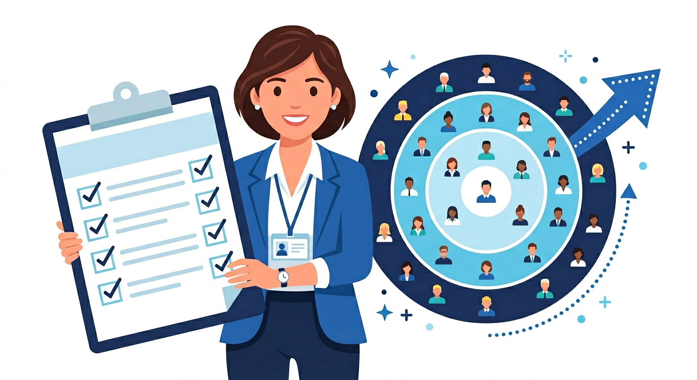 Firefly_Gemini Flash_ フラットデザインのビジネスイラスト。女性の人事担当者が大きなチェックリストの書類を抱えて、正面を見て微笑んでいる。書類の横に、丸い_ 人物アイコンが内側から外側に同心 740569.png