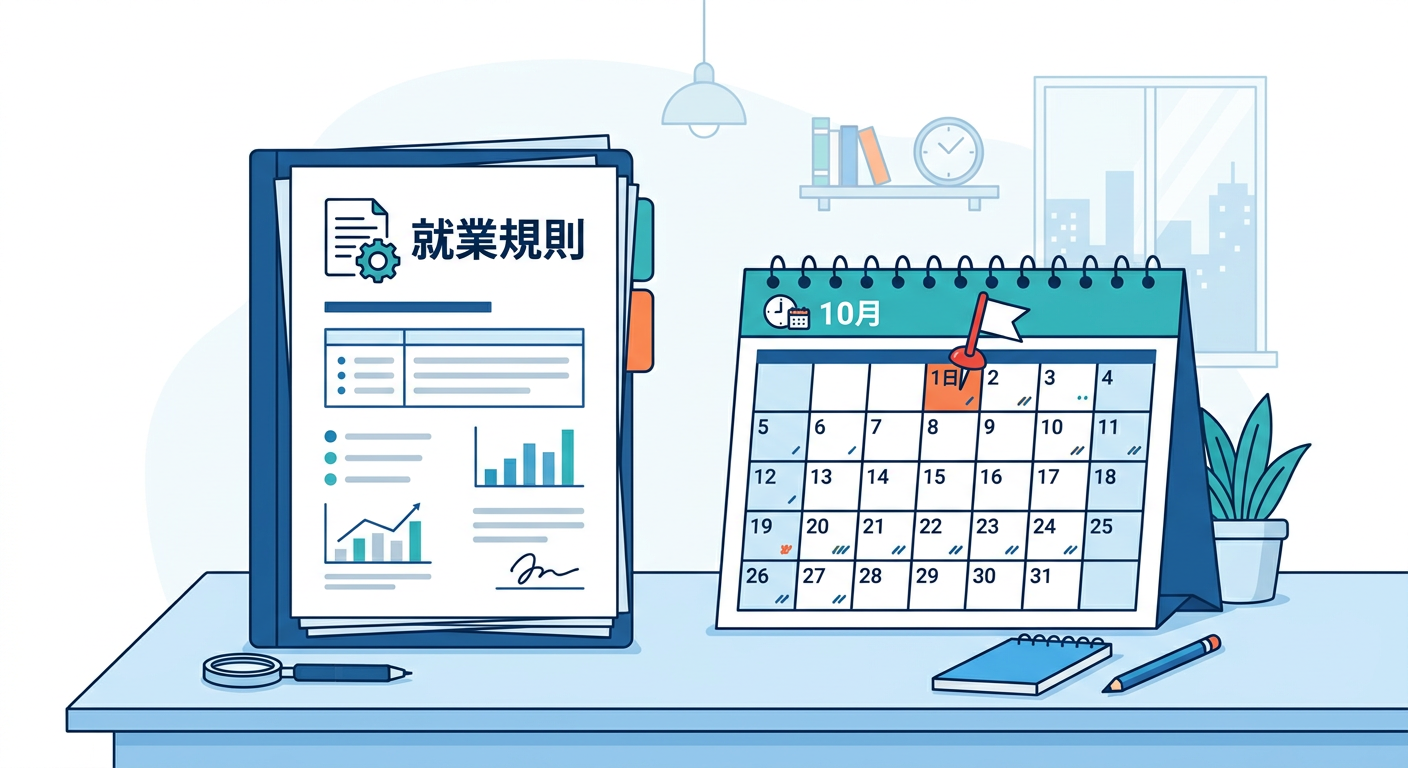 Firefly_Gemini Flash_フラットデザインのビジネスイラスト。就業規則の書類とカレンダーが並び、カレンダーの1日にピンが刺さっている場面。ブルー基調。白背景。テキストなし。_ 69995 (1).png