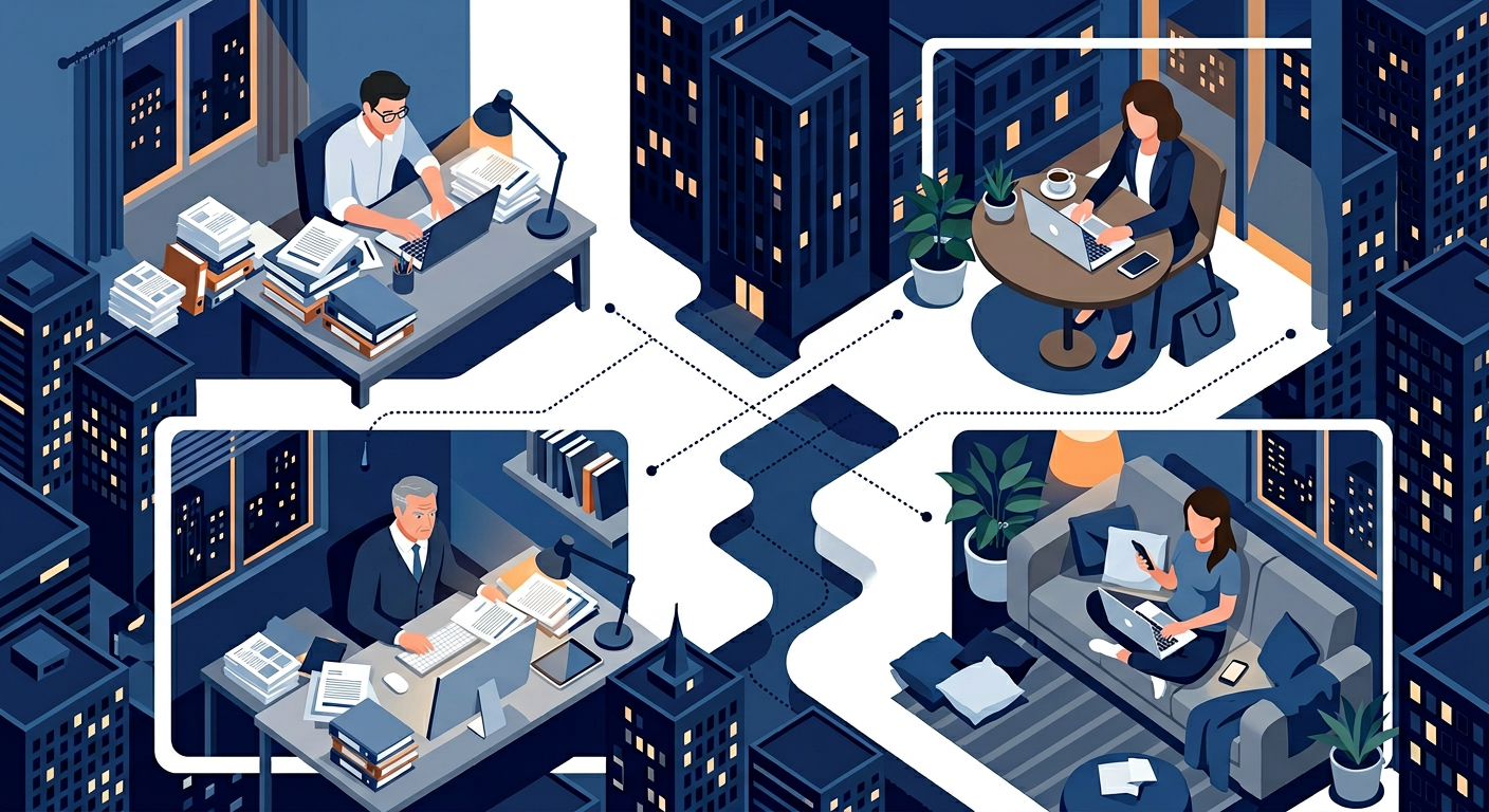 Firefly_Gemini Flash_フラットデザインのビジネスイラスト。夜の街を背景に、_4人の人物がそれぞれ異なる場所で仕事をしている俯瞰図。__・自宅リビングで書類に囲まれて残業する会社員_・消灯したオ 299609 (1).png