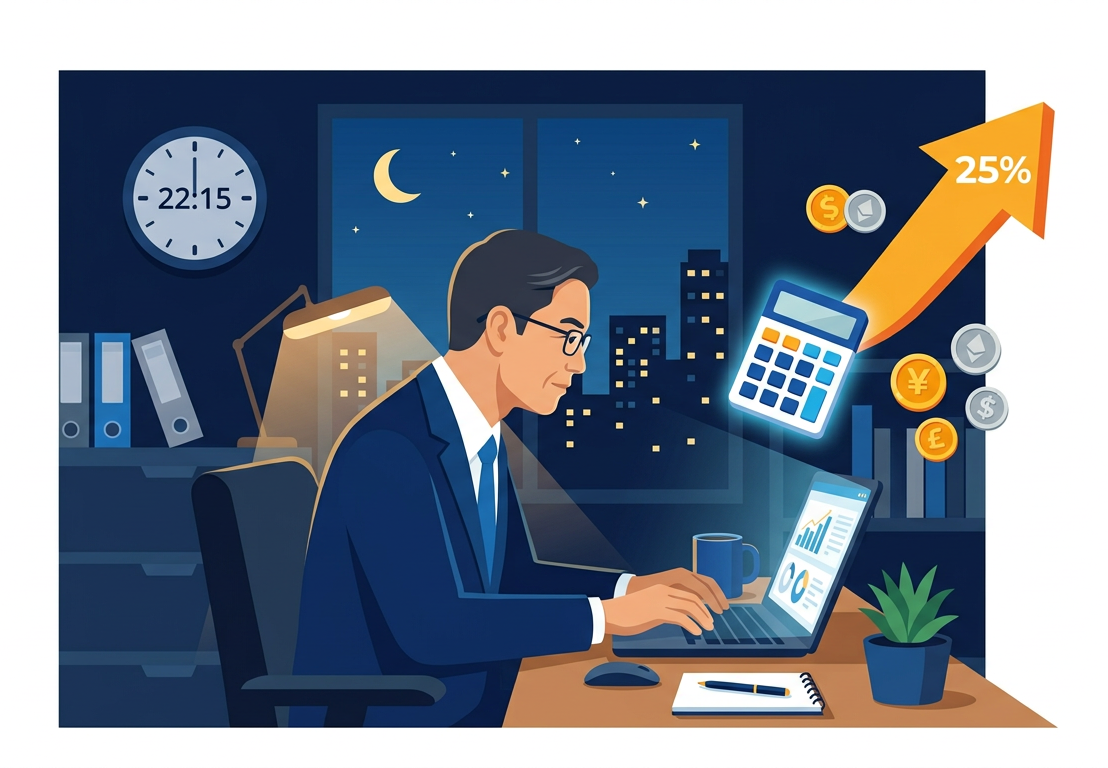 Firefly_Gemini Flash_フラットデザインのビジネスイラスト。夜のオフィスでPCに向かう管理職の人物。壁の時計は22時を過ぎている。人物の隣に電卓とコインが浮かぶ。「25-」を示す上向き矢印がアク 330470.png