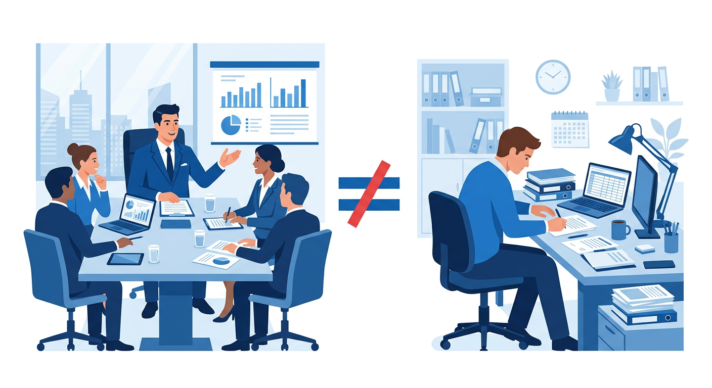 Firefly_フラットデザインのビジネスイラスト。左側にスーツ姿で経営会議のテーブルに座る人物（管理監督者）、右側にデスクで書類作業をしている人物（名称だけの管理職）。2人の間にイコー 330470.png