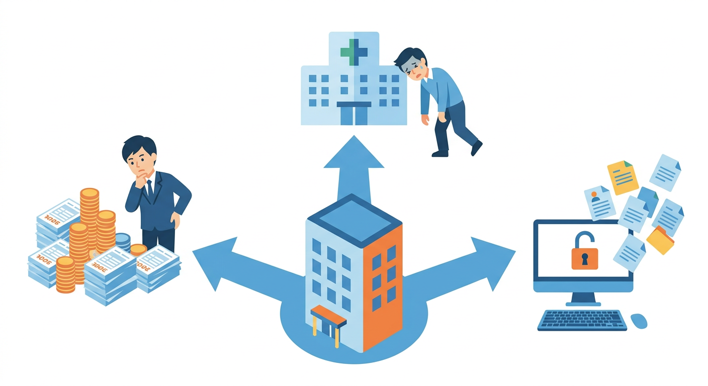 Firefly_Gemini Flash_中央に会社のオフィスビルを配置し、そこから伸びる3本の矢印がそれぞれのリスクを示す構成。左矢印の先に日本人社員と積み重なったコイン・請求書（未払い残業代）、上矢印の先に病 975195 (1).png