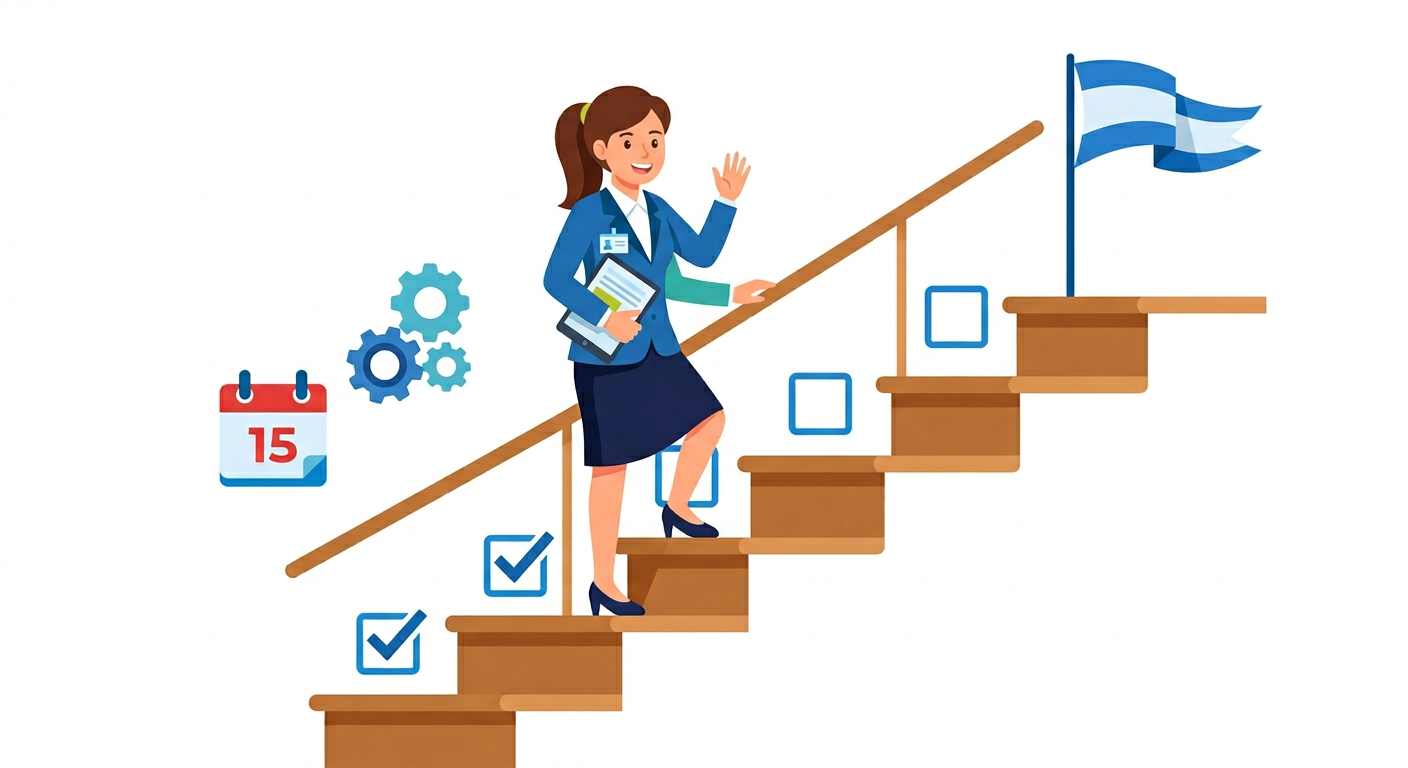 Firefly_Gemini Flash_ フラットデザインのビジネスイラスト。5段の階段を登る人事担当者の女性。3段目まで登っており、下の2段のチェックボックスにはチェック済 _ み、上の3段は空欄。最上段 740569.png