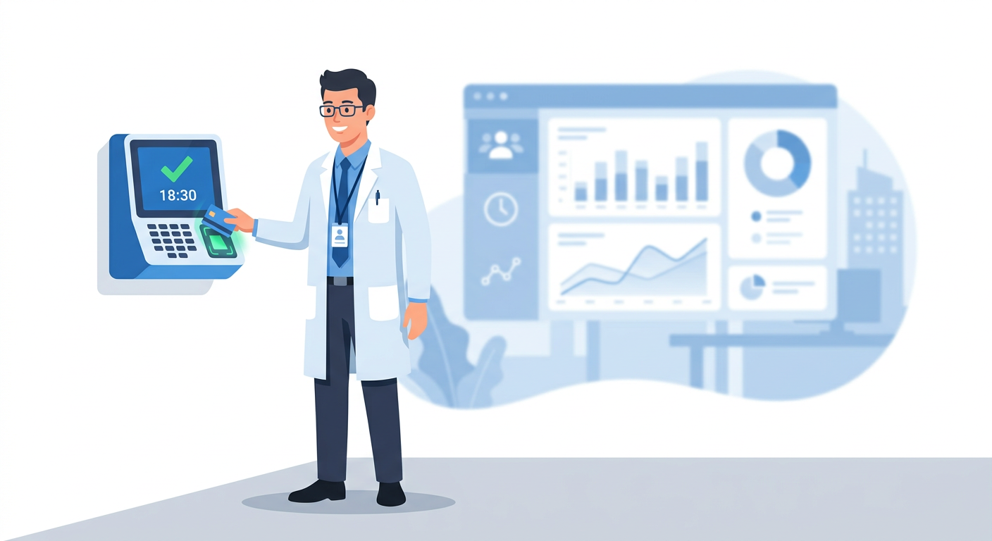 Firefly_Gemini Flash_フラットデザインのビジネスイラスト。タイムレコーダーの前に立つ専門職(白衣の研究者風)の人物がICカードをかざしている。タイムレコーダーの画面にチェックマークが表示されて 646056.png