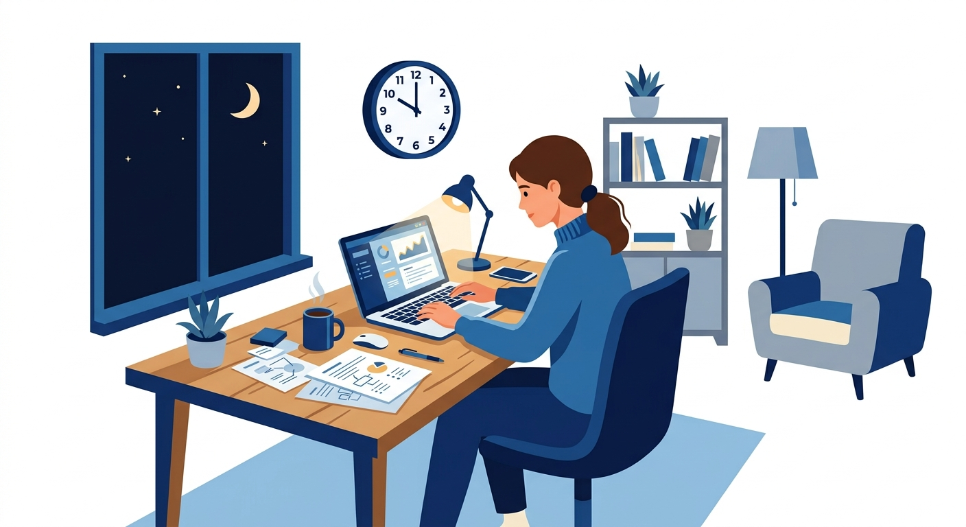 Firefly_Gemini Flash_フラットデザインのビジネスイラスト。夜のリビングルームでノートPCを開いて仕事をしている人物。テーブルの上にコーヒーカップと書類が散らばっている。窓の外は暗い夜空。壁時計 917060.png