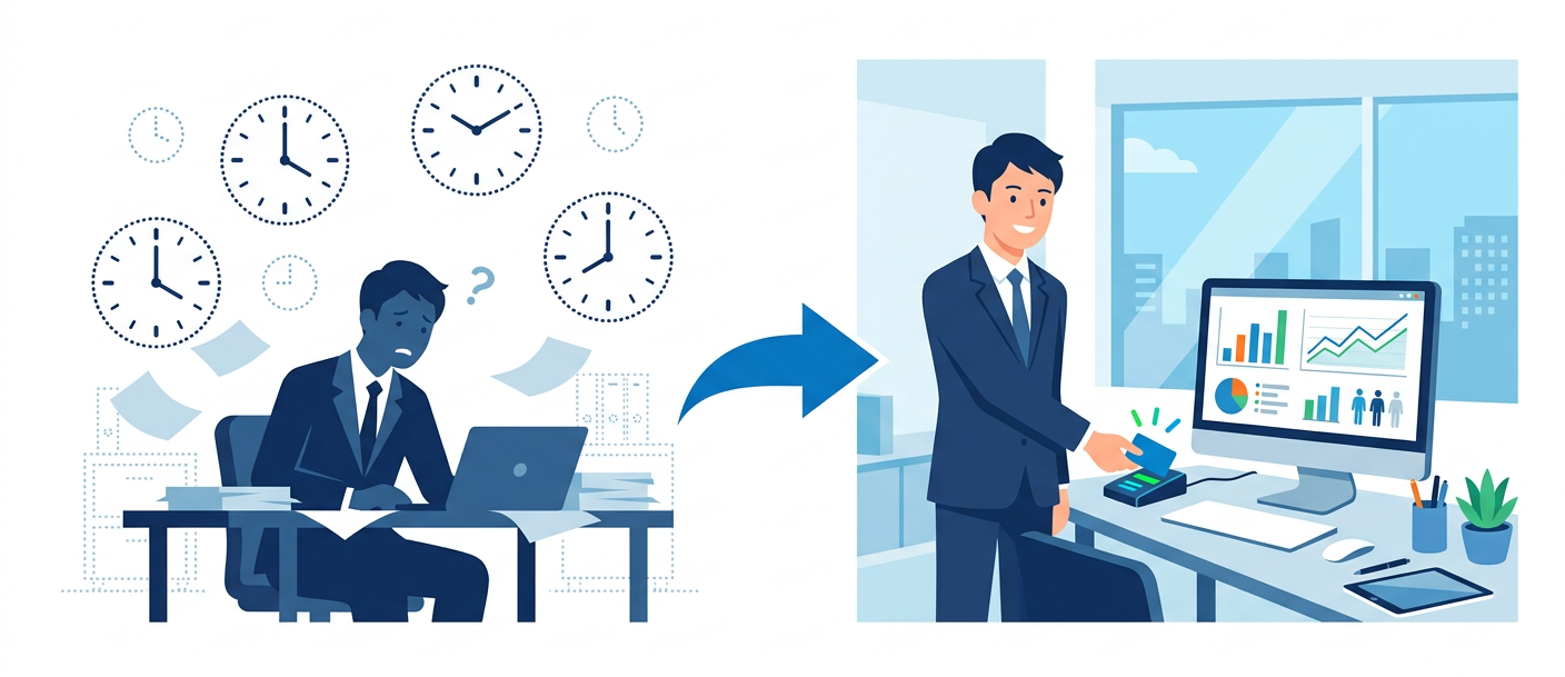 Firefly_Gemini Flash_フラットデザインのビジネスイラスト。左側（Before）に管理職のシルエットの周りに点線の時計（把握されていない労働時間）。右側（After）にICカードをタッチする管理 330470.png